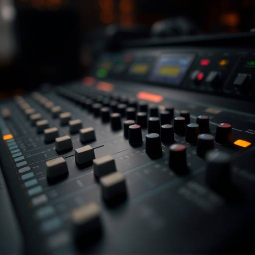 Mesa de mixagem com diversos controles deslizantes e botões